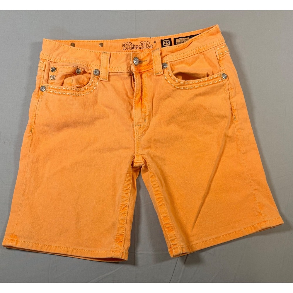 Miss Me Neon Orange Boyfriend Shorts Size 29 Embellished Flap Pockets Y2K